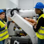 an engineer explains to another how a robotics machine works