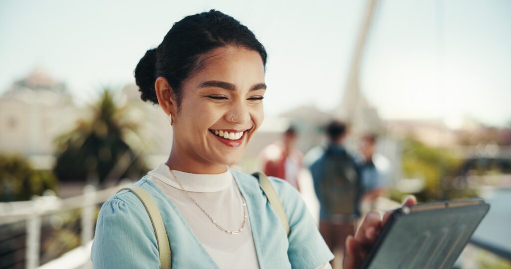 research college and woman with tablet student and happy for scholarship education and thinking