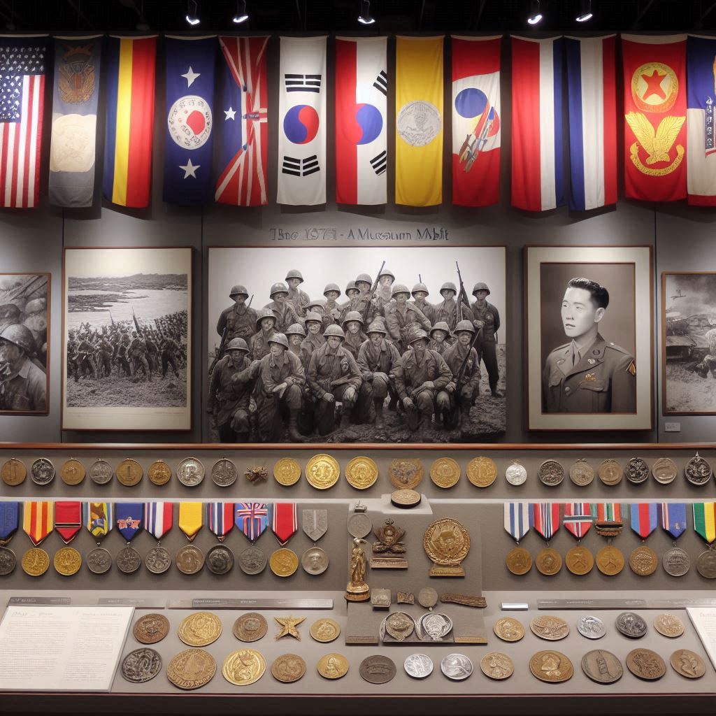 una exhibicion en museo con medallas conmemorativas banderas de los 17 paises que participaron en la Guerra de Corea y portarretratos de soldados en blanco y negro o sepia