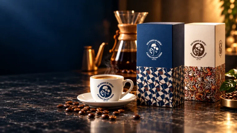 Propuesta de empaques azul y crema de CIC HofK para su marca de café registrada.