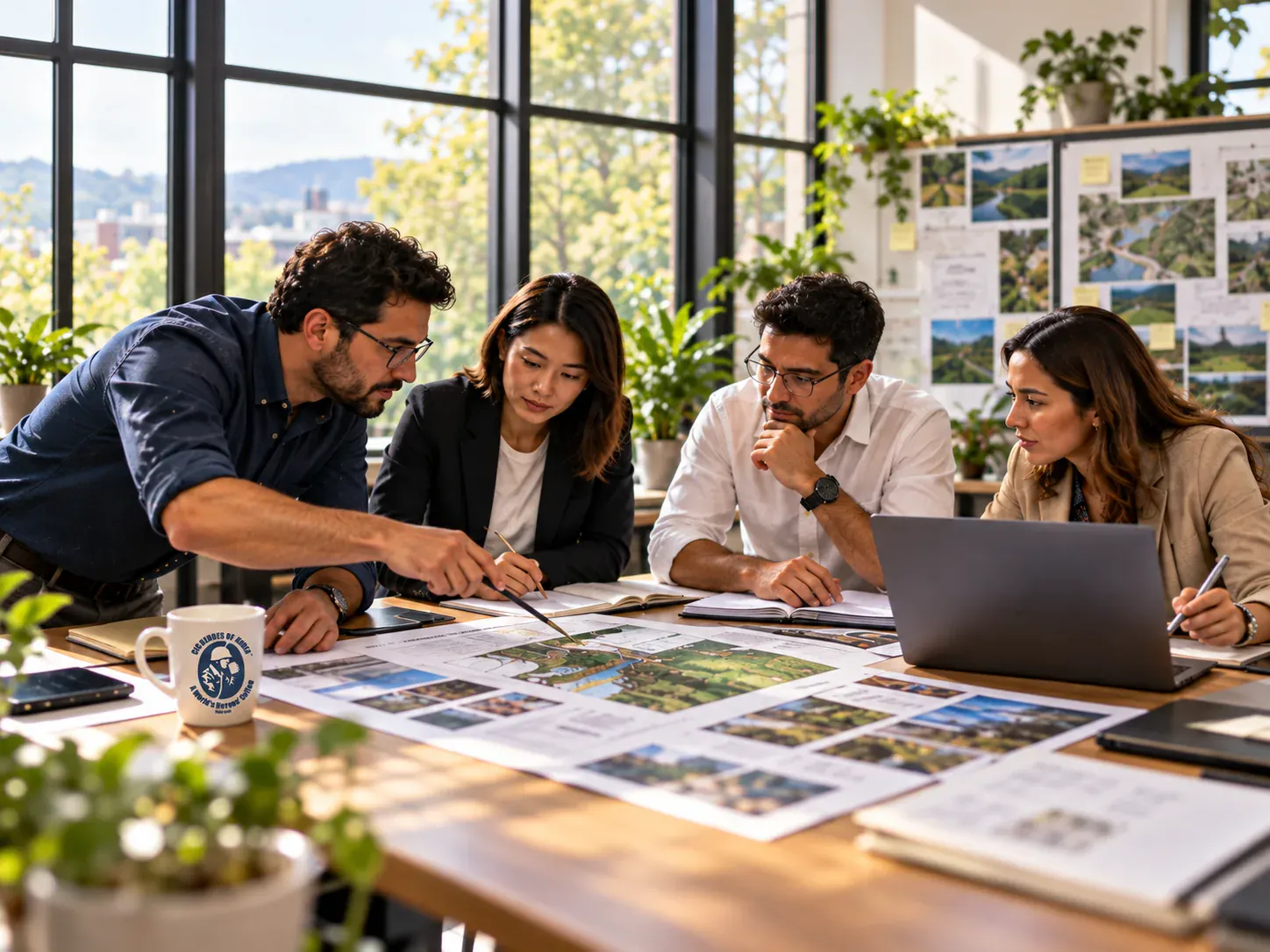 Equipo multidisciplinario colaborando en la planificación de proyectos de cooperación y desarrollo.